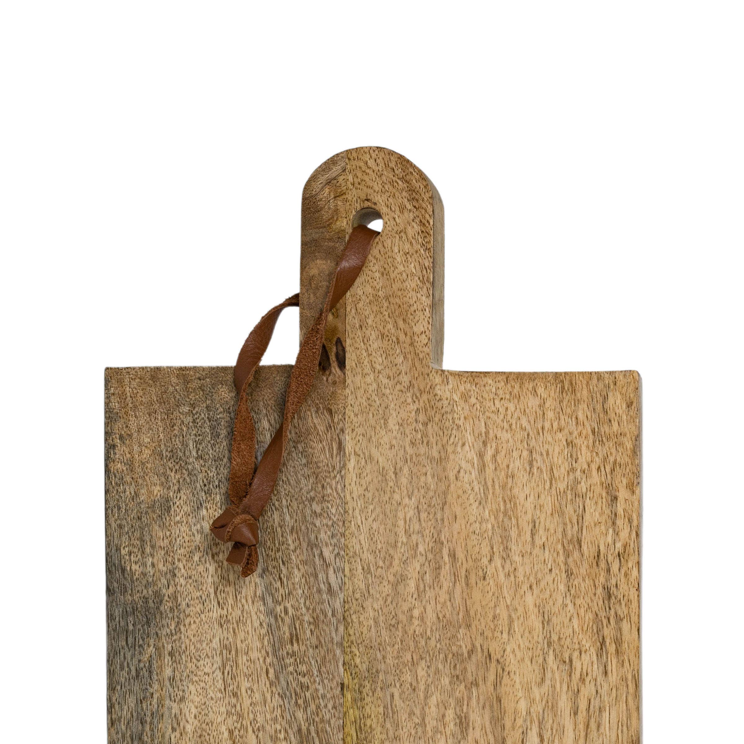 Wooden cutting board with a leather handle on a white background