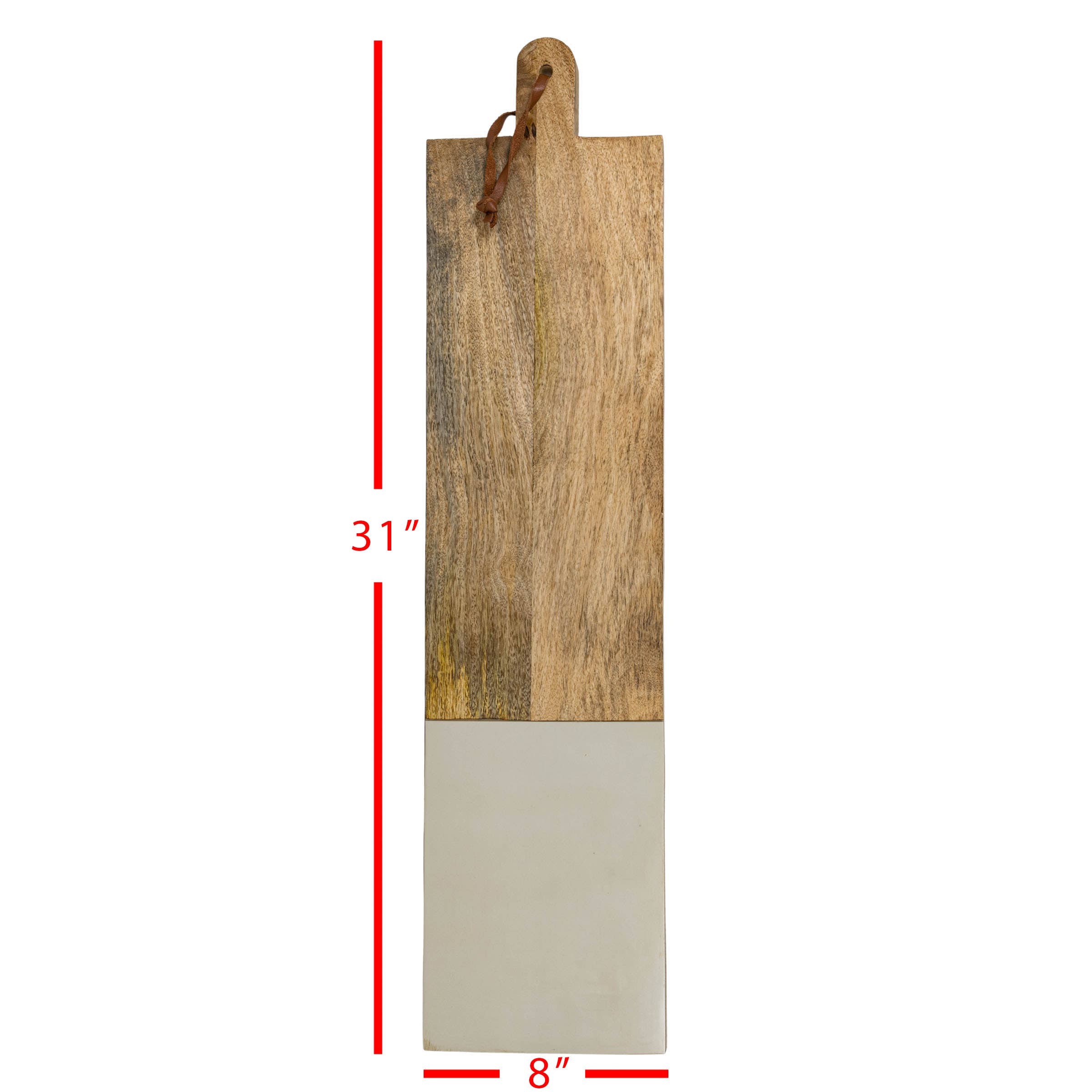 Wooden cutting board with dimensions on a white background