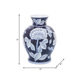 Decorative Vase - Blue Ceramic Floral Chinoiserie, 9 in.