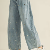 STUDDED BARREL DENIM PANTS