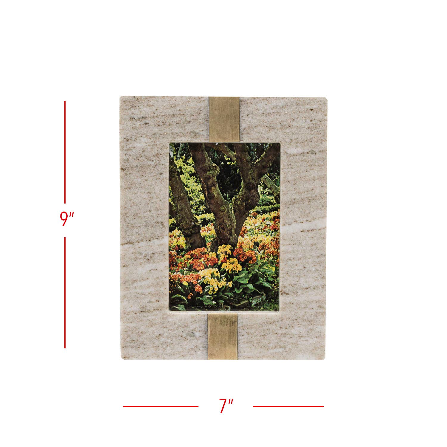 Rectangular frame with a scenic view of trees and flowers, dimensions indicated.