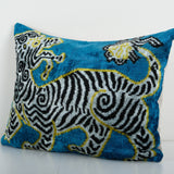 Zebra Silk Ikat Velvet Pillow Cover - Handloom Blue Animal