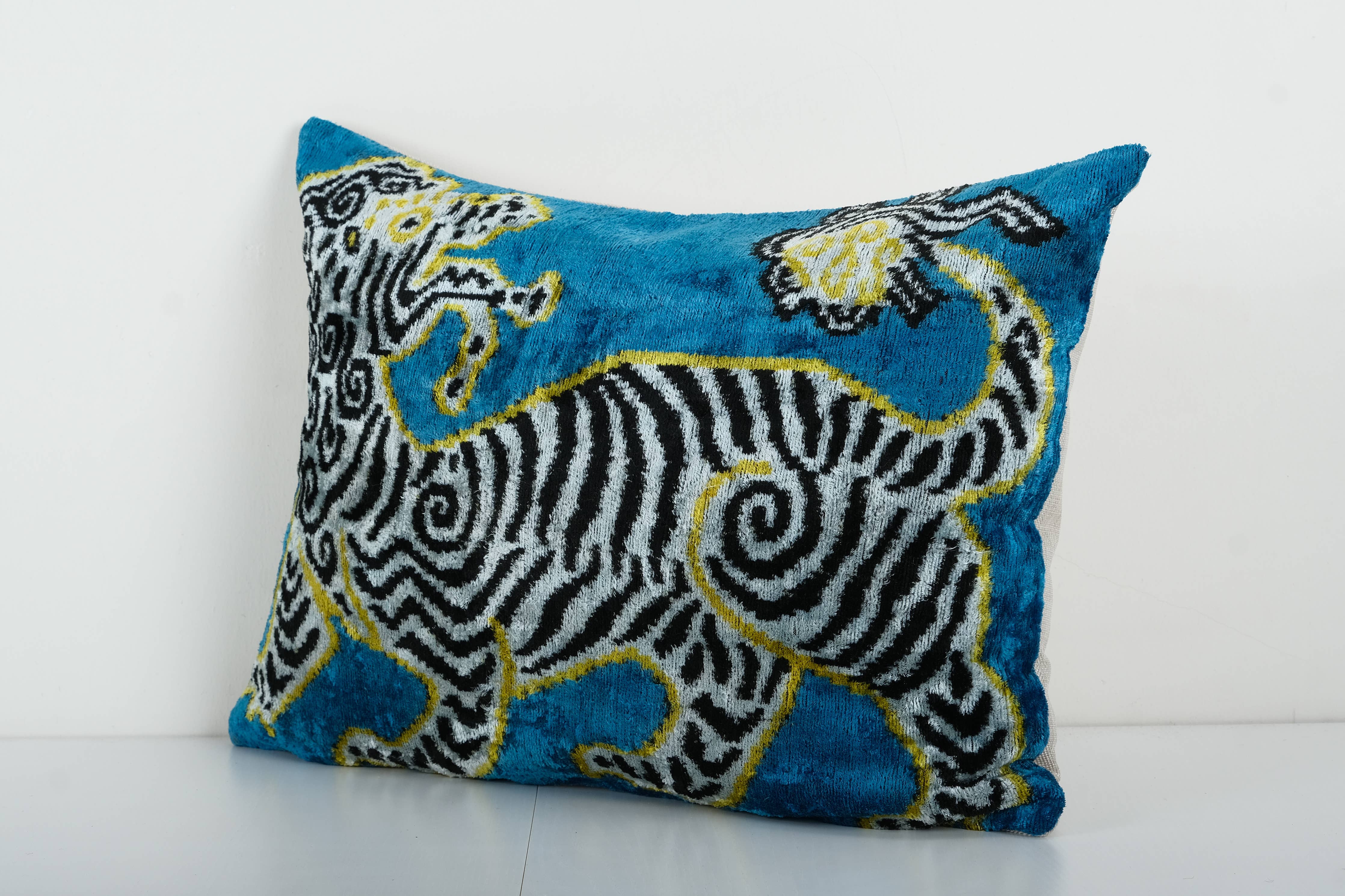 Zebra Silk Ikat Velvet Pillow Cover - Handloom Blue Animal