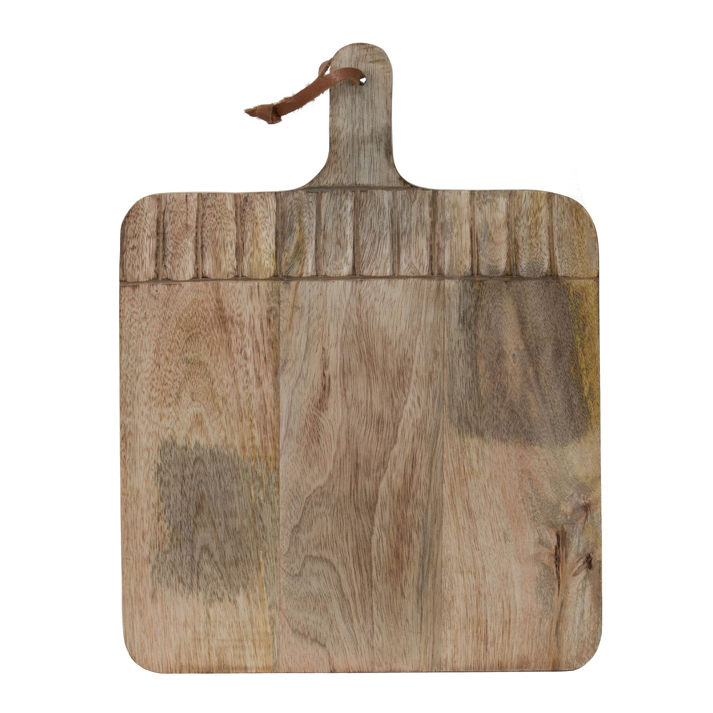Wooden cutting board with a handle on a white background