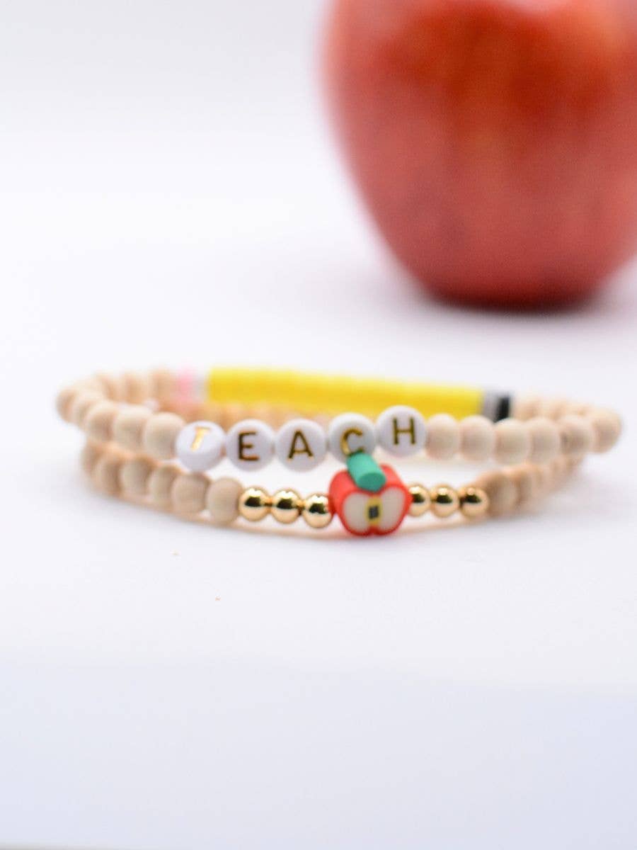 Wood Beaded Teacher stretch Bracelet set on THANK YOU Card