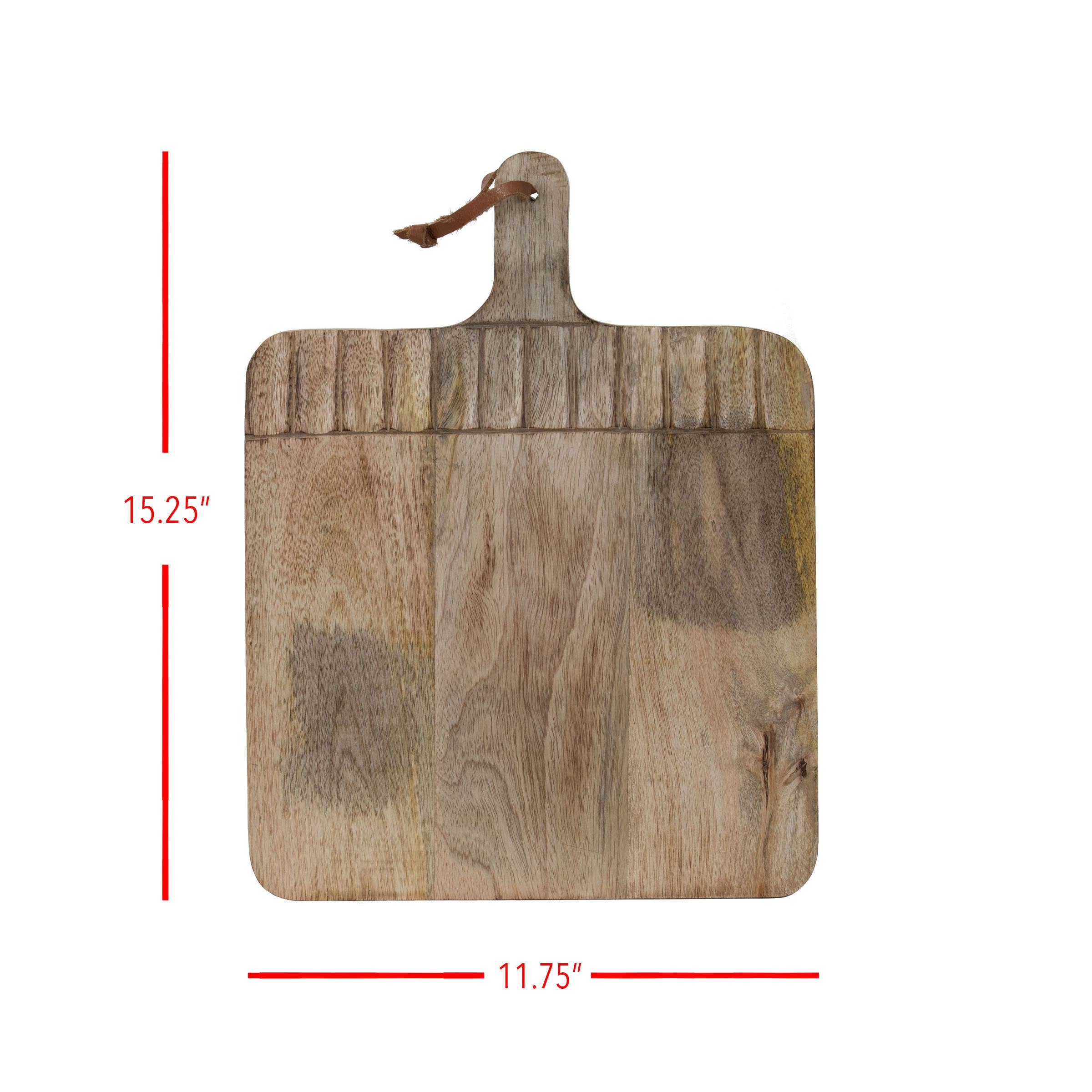 Wooden cutting board with measurements on a white background