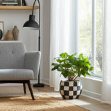 Planter - Black/White Pottery Checkerboard Rounded, 8 in.