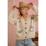 EMBROIDERED HALLOWEEN GHOST PUMPKIN BUTTON CARDIGAN