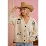 EMBROIDERED HALLOWEEN GHOST PUMPKIN BUTTON CARDIGAN