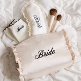 Embroidered Bride Satin Cosmetic Bag | bridal, ruffle, gift
