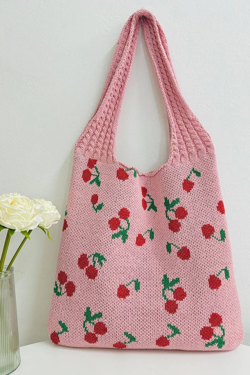 .SI-27209 Cherry Pattern Knitted Woven Crochet Tote Bag