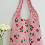 .SI-27209 Cherry Pattern Knitted Woven Crochet Tote Bag