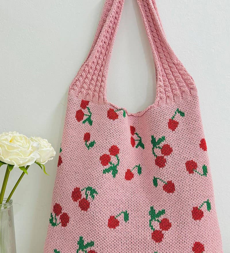 .SI-27209 Cherry Pattern Knitted Woven Crochet Tote Bag