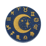 Round blue and gold celestial design with zodiac symbols on a white background