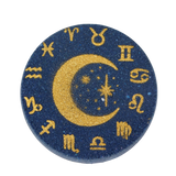 Round blue and gold celestial design with zodiac symbols on a white background