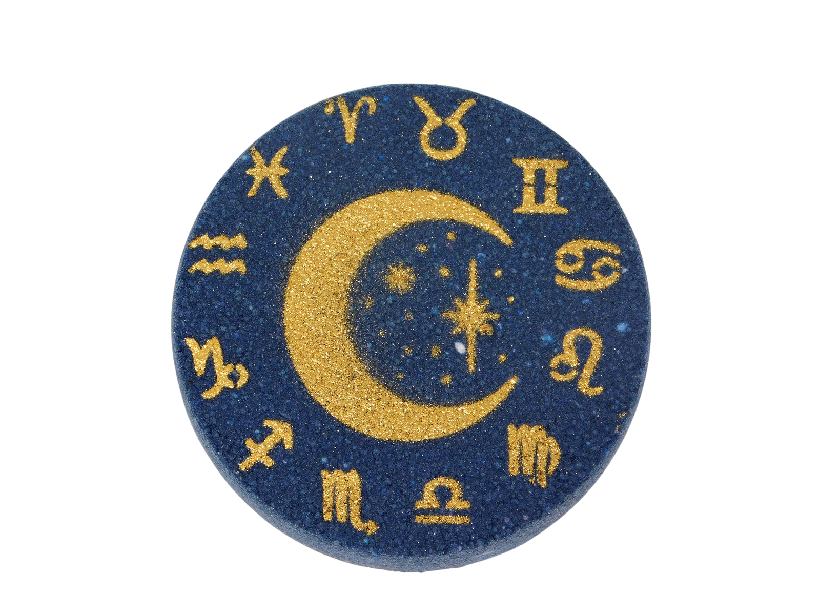 Round blue and gold celestial design with zodiac symbols on a white background