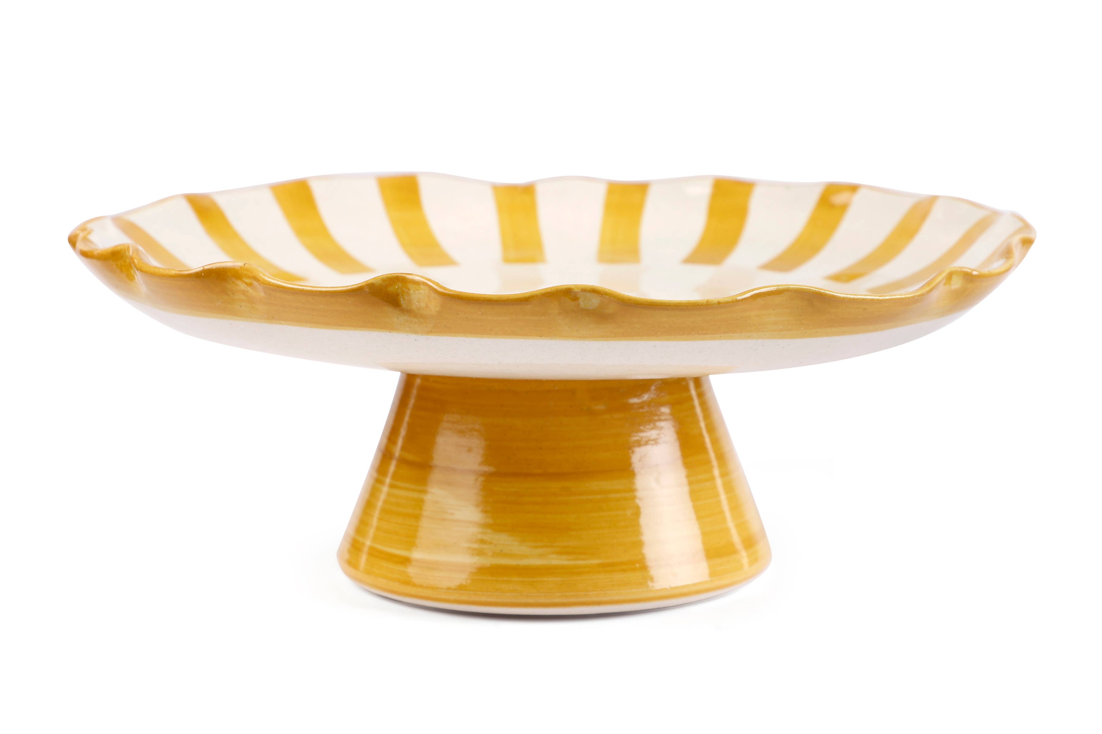 Ceramic Stripe Cake Stand, Yellow  - 10 x 10 x 3.75 Inches