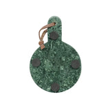 Green marble-patterned cutting board with brown handle on a white background