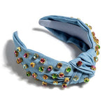 EMBELLISHED DENIM KNOTTED HEADBAND, BLUE