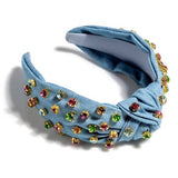 EMBELLISHED DENIM KNOTTED HEADBAND, BLUE