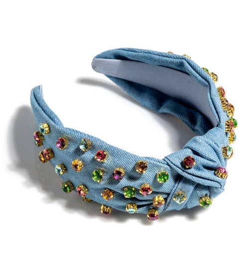 EMBELLISHED DENIM KNOTTED HEADBAND, BLUE
