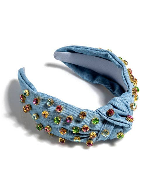 EMBELLISHED DENIM KNOTTED HEADBAND, BLUE