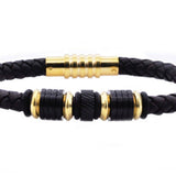 Men's Black Leather Gold & Black Stainless Steel Bracelet