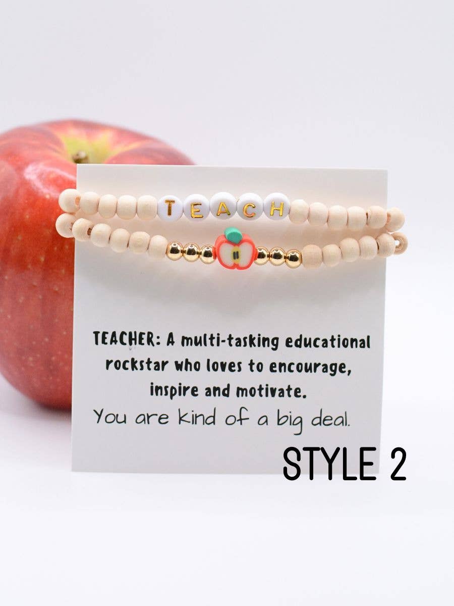 Wood Beaded Teacher stretch Bracelet set on THANK YOU Card
