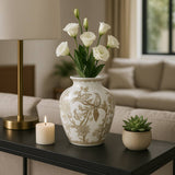 Decorative Vase - Brown/White Ceramic Bird and Vines, 10 in.