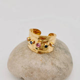 Colored Zircon Stainless Steel 18K Gold Plated Wide Ring-FGS