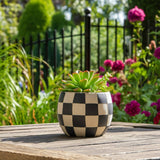 Planter - Black/White Pottery Checkerboard Rounded, 8 in.