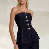 Strapless Gold Button Vest Style Denim Top