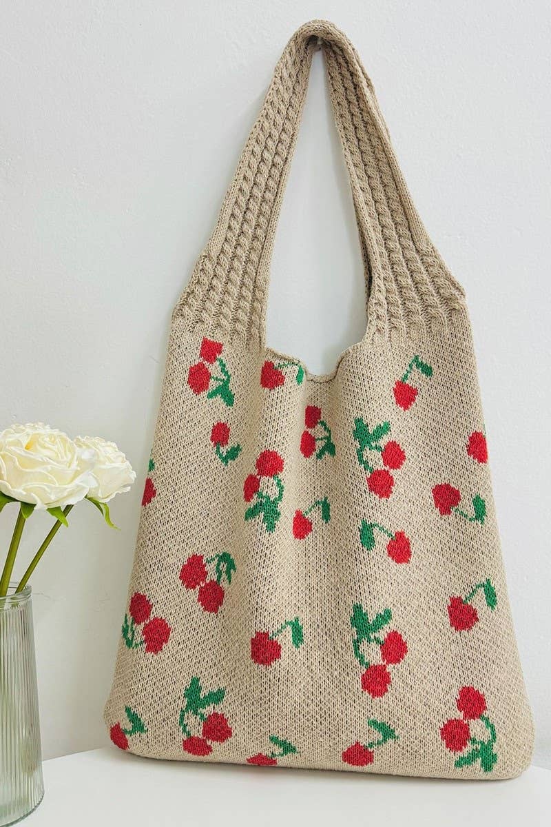 .SI-27209 Cherry Pattern Knitted Woven Crochet Tote Bag
