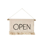 Beige banner with 'OPEN' text on a white background