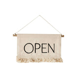 Beige banner with 'OPEN' text on a white background