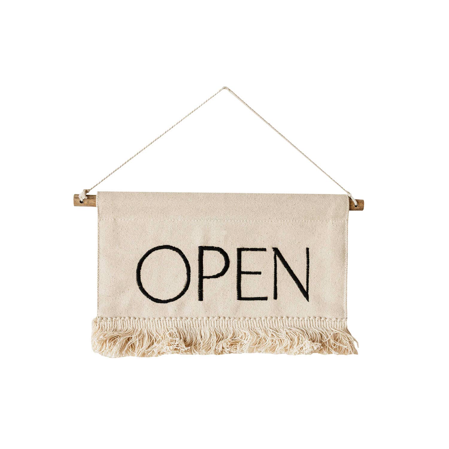 Beige banner with 'OPEN' text on a white background