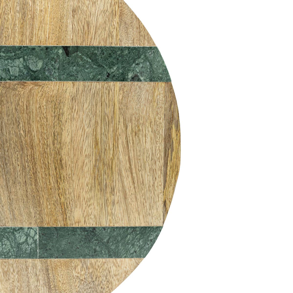 Round wooden cutting board with green marble inlay on a white background