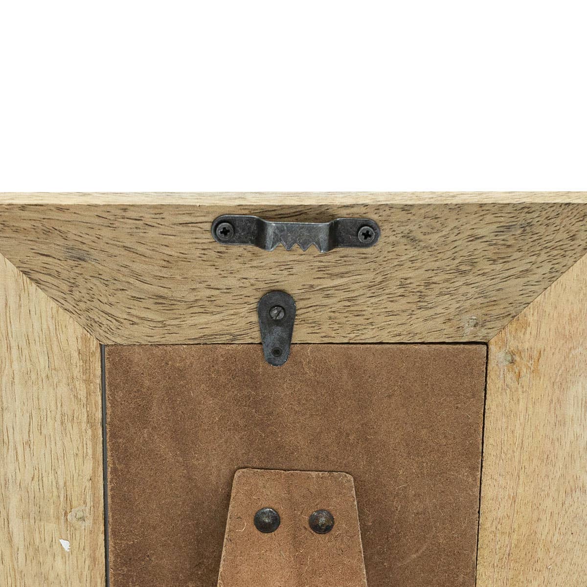 Close-up of wooden frame with metal brackets on a white background