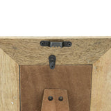 Close-up of wooden frame with metal brackets on a white background