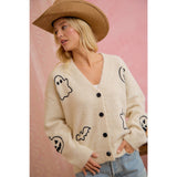 EMBROIDERED HALLOWEEN GHOST PUMPKIN BUTTON CARDIGAN