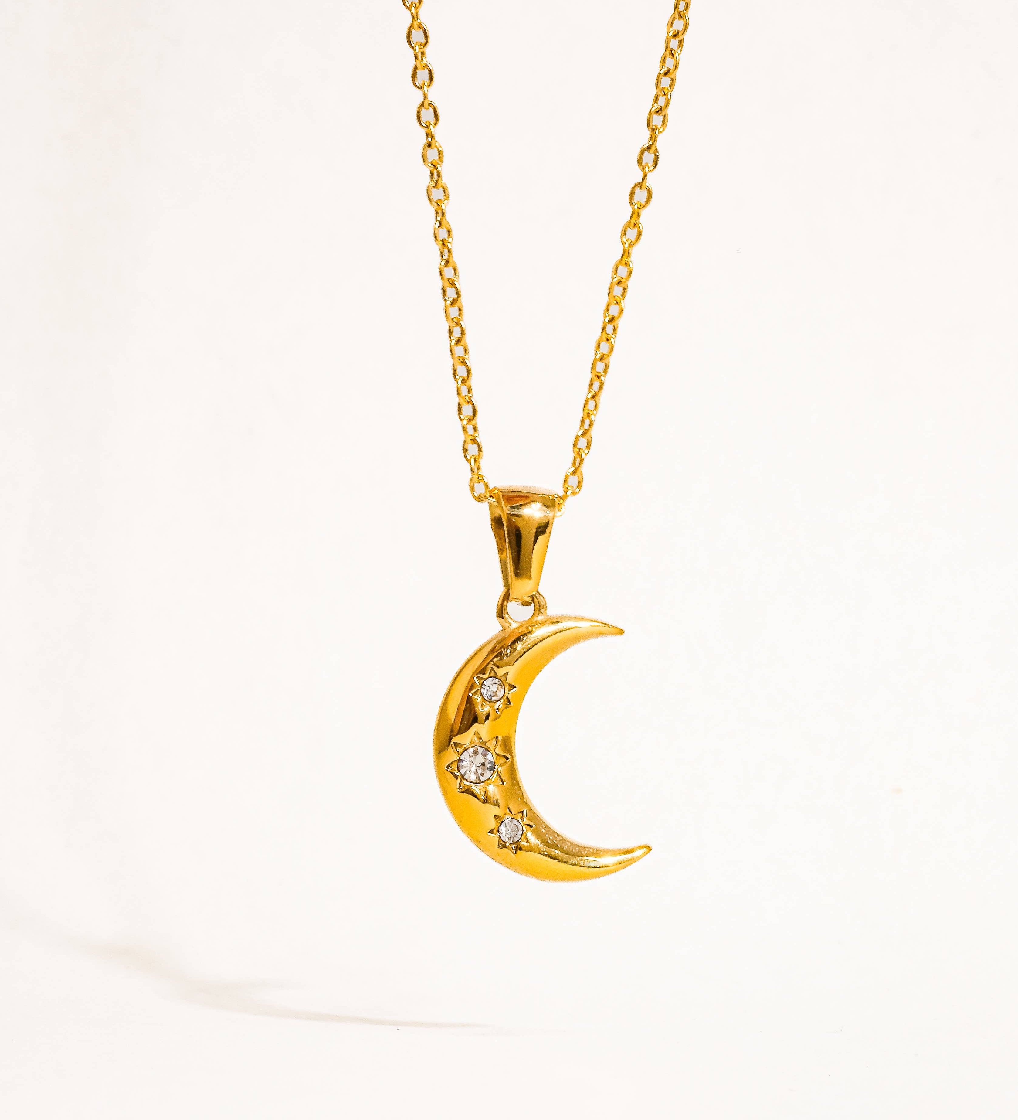 Atlas 18K Gold Non-Tarnish Half Moon CZ Necklace