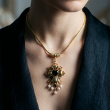 Maximalist Sacred Heart Cross Pendant Necklace · Black CZ Heart · Pearl Drops · Catholic Statement