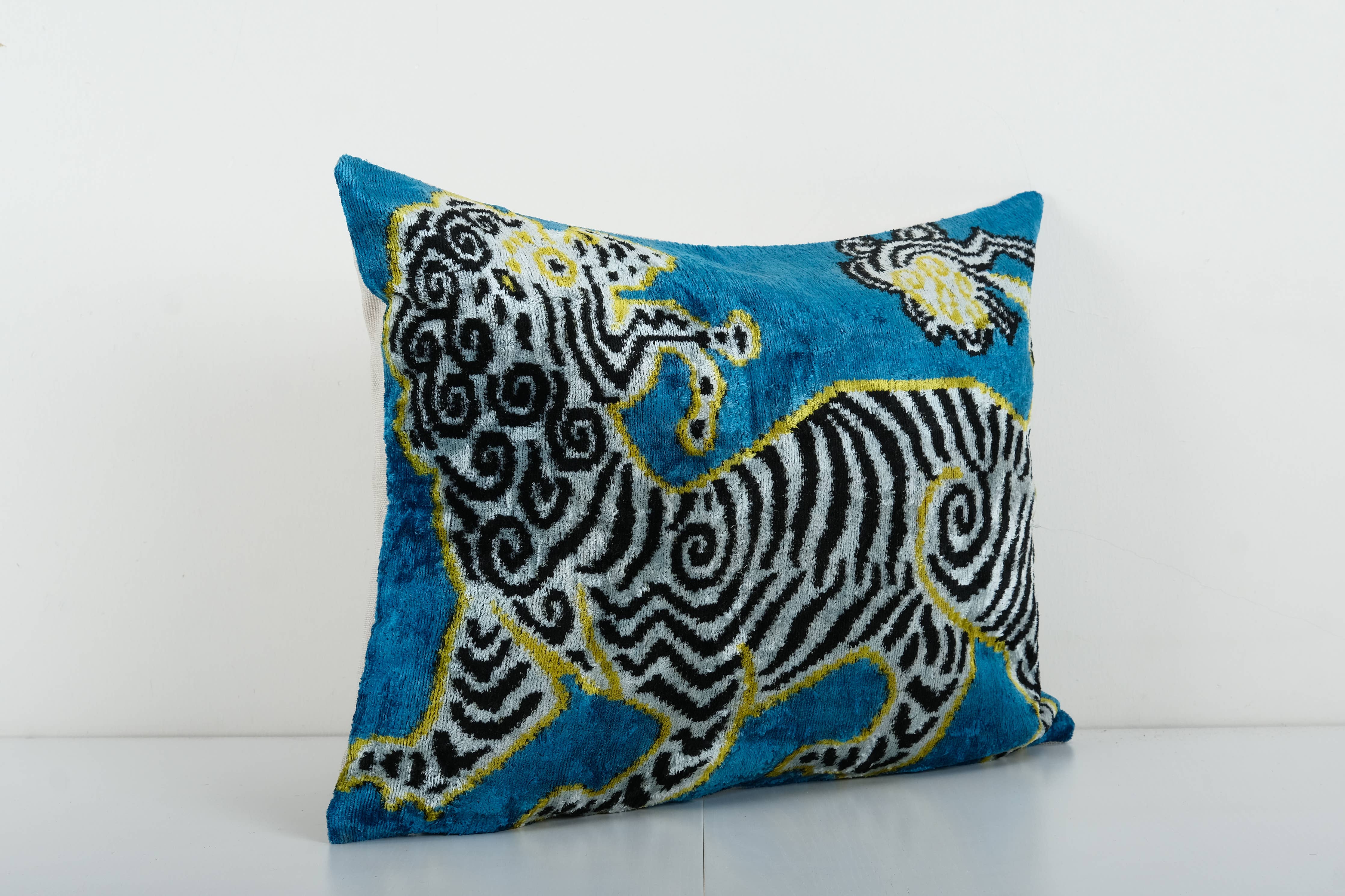 Zebra Silk Ikat Velvet Pillow Cover - Handloom Blue Animal