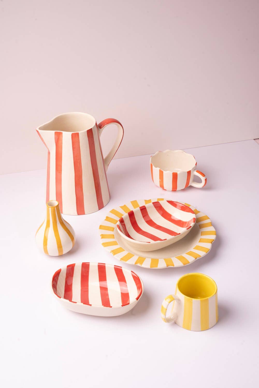 Ceramic Stripe Pitcher, Red- 8.25 x 8.25 x 8 Inches