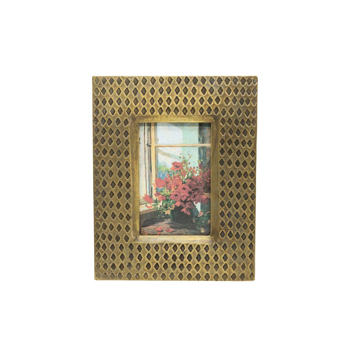 Decorative gold frame with a small painting inside on a white background