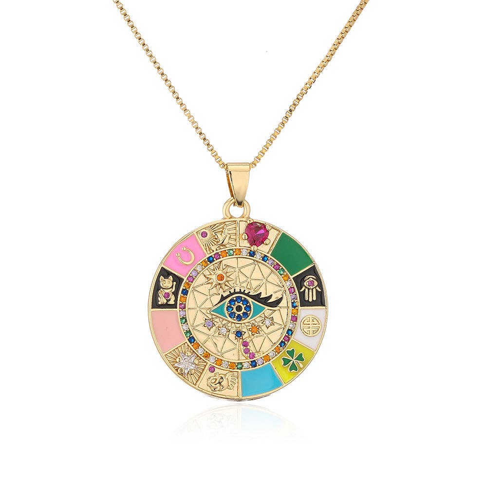 Cubic Zirconia Enamel Devil's Eye Compass Pendant Necklace