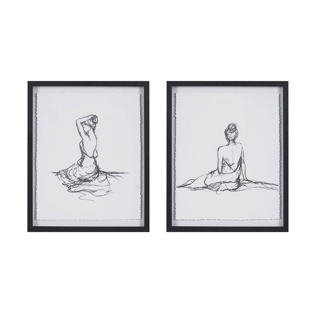 Feminine Figure Sketch Wall Decor Framed Art 2-PIece Set