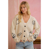 EMBROIDERED HALLOWEEN GHOST PUMPKIN BUTTON CARDIGAN