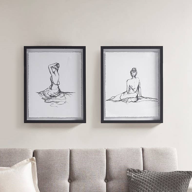 Feminine Figure Sketch Wall Decor Framed Art 2-PIece Set