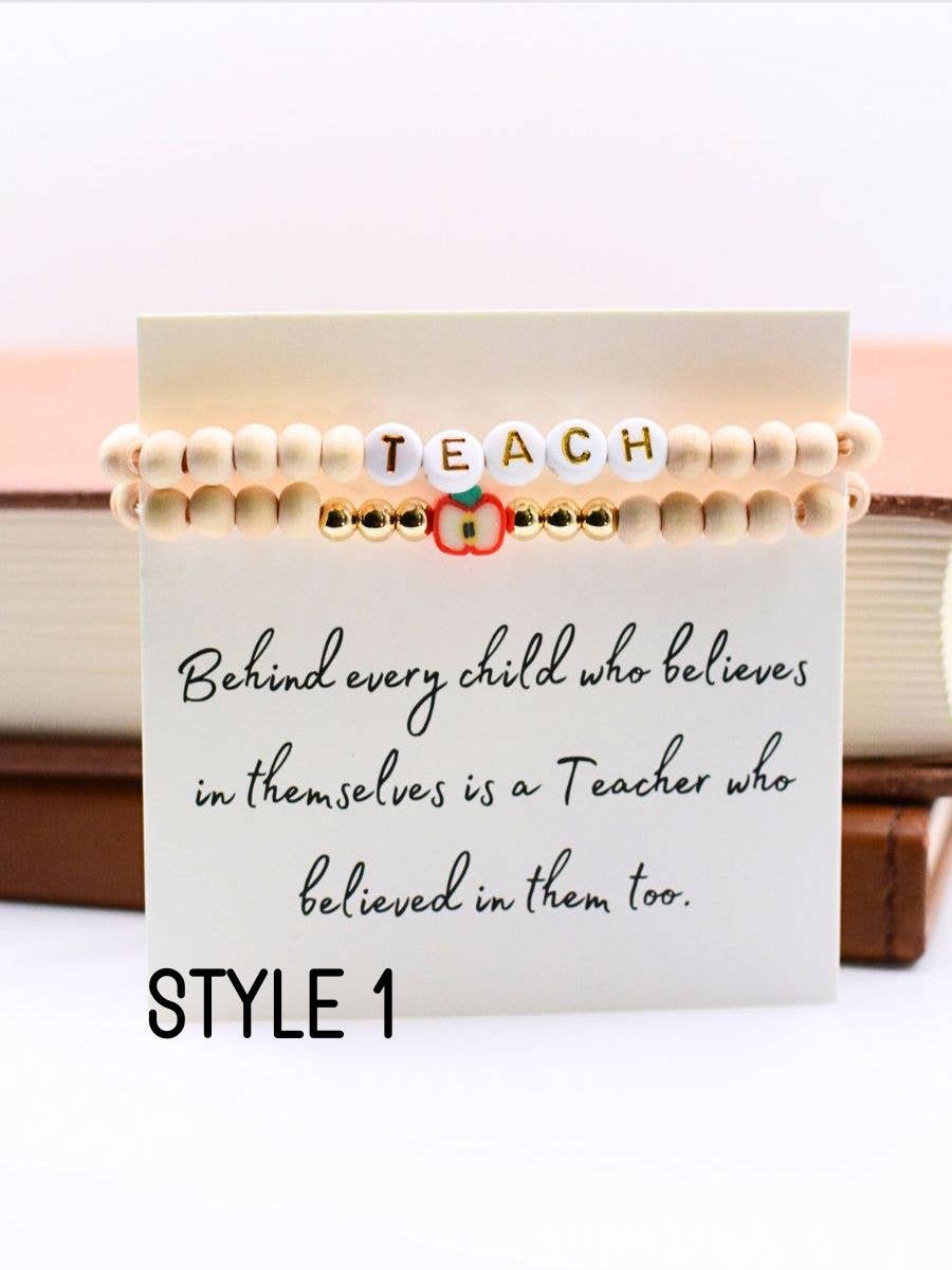 Wood Beaded Teacher stretch Bracelet set on THANK YOU Card